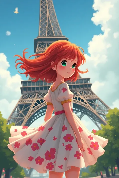 create an image of: A redhead girl, wearing a flowery dress , Walking on the Eiffel Tower in anime style