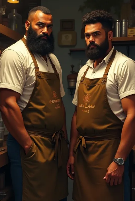 Create two brown masculine people with aprons written by Lipidan and our Instagram @lipidann 