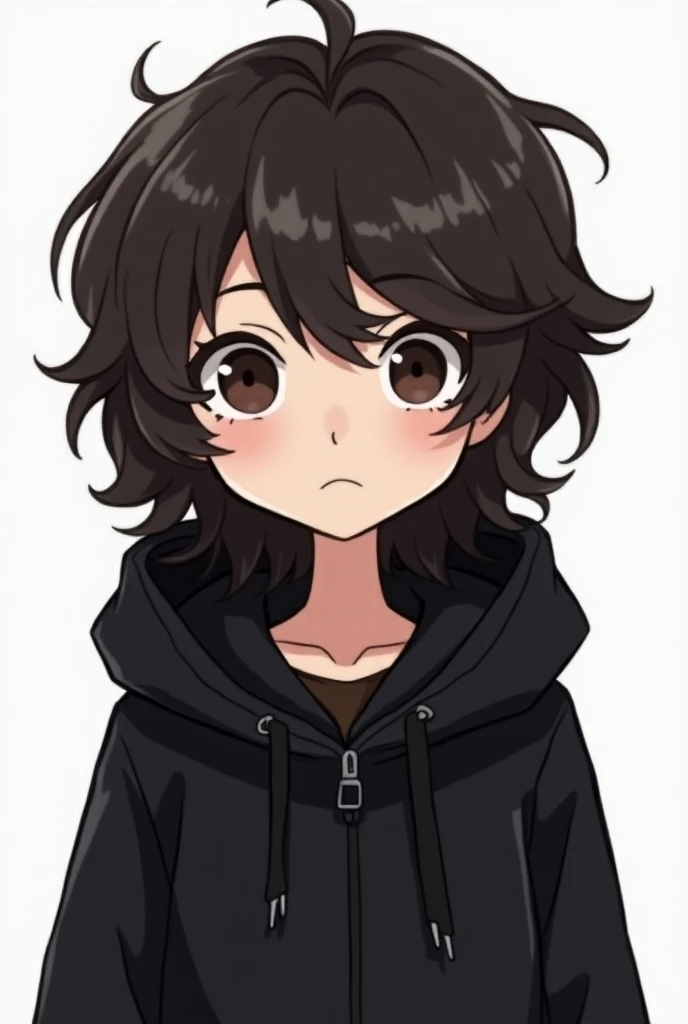 Make a teenager a black hooded coat with dark brown eyes wavy hair half large and messy like the YouTubers channel photo jazzghost in cartoon format with small eyes and with a neutral expression 