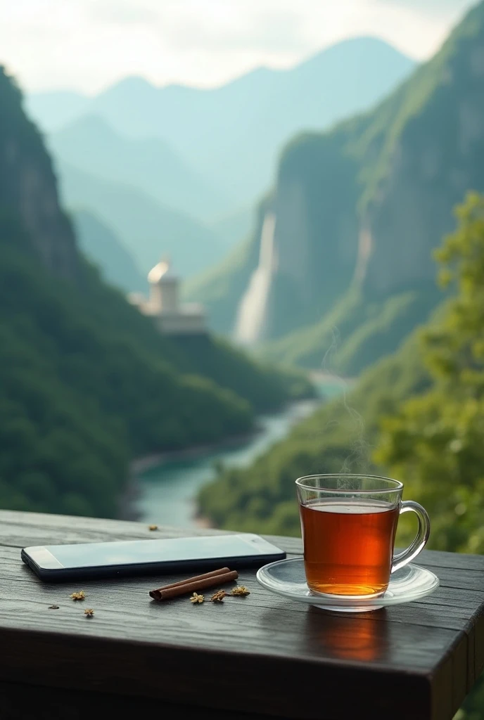 Cool photography style, with a beautiful and cool morning shade , A glass of warm tea and hape Xiaomi Redmi note 5A ,on the black wooden table,set against a green mountain landscape , white mosque with a waterfall flowing in the distance,ultra realistic,de...