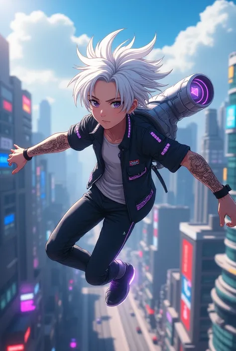 Anime boy with white hair wears mah city 
White jet pack 