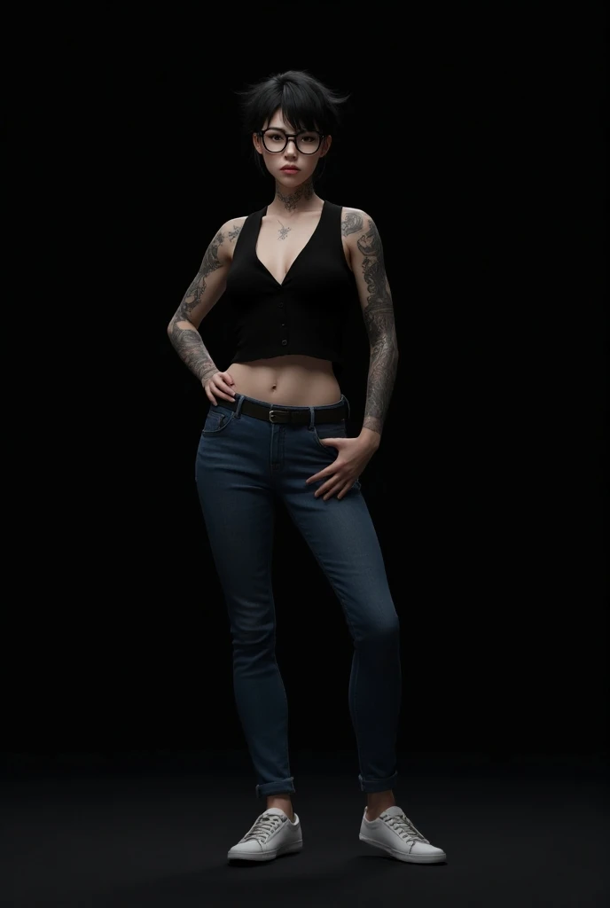 Create a young muscular male lesbian without a blouse 
with tattoos on the arms and neck, Without her boobs she has Korean hair .
 With a black blouse and blue jeans , Canos alto White sneakers .
 Serious expression of dark round black glasses , the backgr...