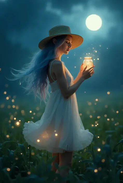 (photorealism:1.2), A photo of an elf woman with blue fading to pink hair. She is wearing a straw hat and a short white dress. She is on a field of grass at night, releasing fireflies glowing green from a jar that she is holding. The light of the moon is h...