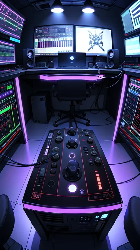 (Detailed and Intricate: 1080p, 4K, high resolution, Masterpiece: 1.1), ToxicPunkAI DJ Controller, a machine with sleek, metallic design and glowing neon accents, dominates a dimly lit studio. Synths of all shapes and sizes, some with pulsing lights and ot...