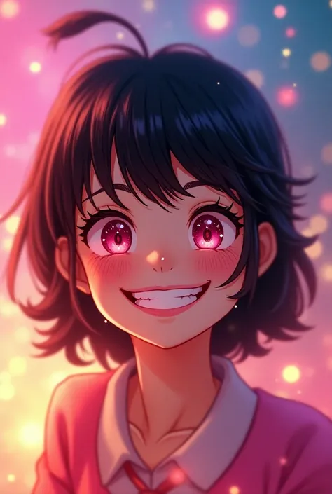  1 girl, bangs,  shortcuts, Ahoge, Bangs,  pink eyes , Grin, Bright Eyes, Sparkling eyes,  part of the picture sticks out of the frame ,  glitter effect , 