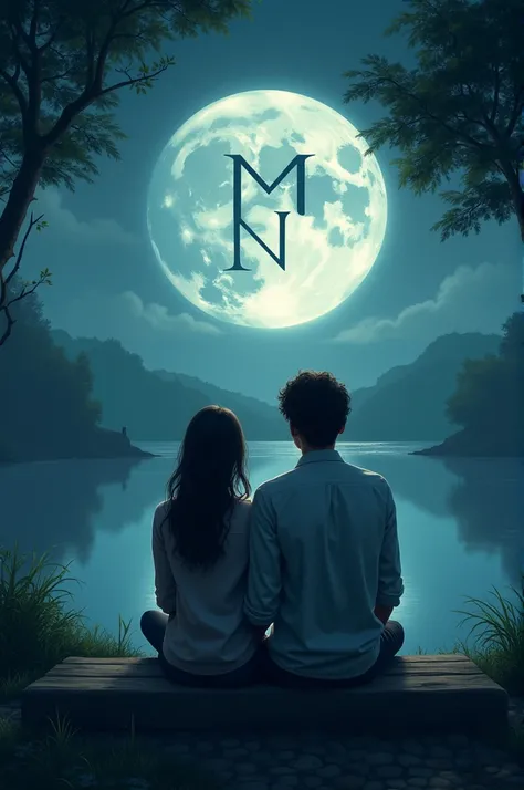 Create an image of a couple watching the moon seated and add the initials M and N to me