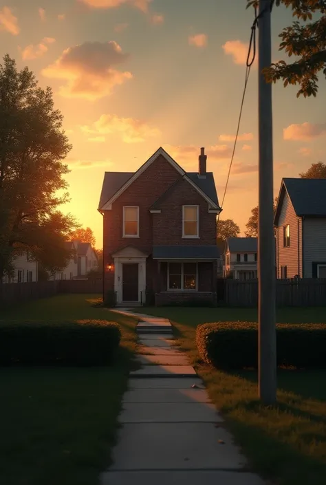 "A house in a town that looks like a humble brick house in a quiet neighborhood,  with a melancholic sunset that illuminates the façade .  The scene is serene but filled with a sense of impending tragedy.