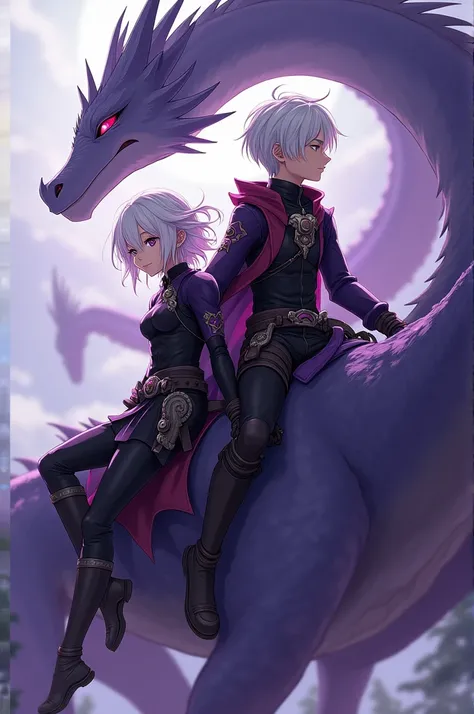  HOUSE OF THE DRAGONS PANEL 

-create a 19-year-old young man with slightly lilac eyes,  short white hair ,  with black clothes with red details, Typical dragon riding , And with him 

-a 20-year-old woman ,  with white hair and slightly long lilac eyes , ...