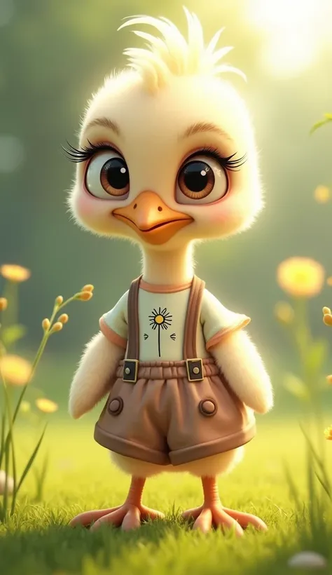 a cute baby female guinea fowl, extremely detailed eyes, extremely detailed nose, extremely detailed lips, extremely detailed face, long eyelashes, wearing skirt, suspender and a printed t-shirt, with pastel colors a field in the background, adorable facia...