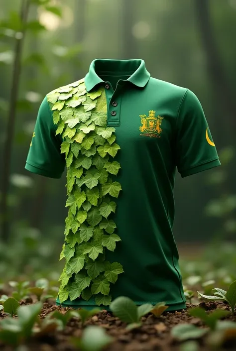 Create a image of  Pakistan cricket team jersey, jersey  mockup made up from leaves , leaves of different colors that match the jersey, nike logo on jersey front side, Pakistan flag logo on front right side of jersey, 3d animated. 