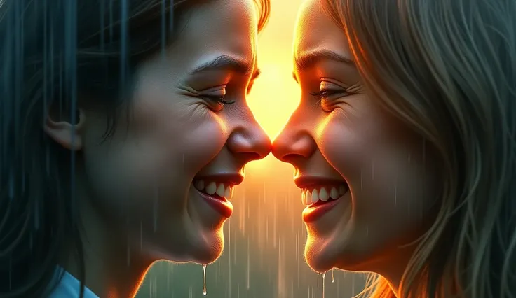  Time to cry and time to laugh ":  Two superimposed human faces . One is crying , with tears and a very sad face that are mixed with the rain,  while the other smiles with the sun shining on him,  showing the duality of life .