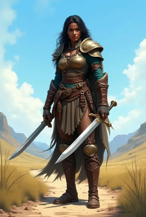 In RPG style, in style of Dungeons & Dragons, in style of fantasy painting. Full body view, looking at the viewer. image of a  female, dark skin, Warrior with with sword and Armor, high leather boots, Standing with both feet on the valley path. Savannah La...