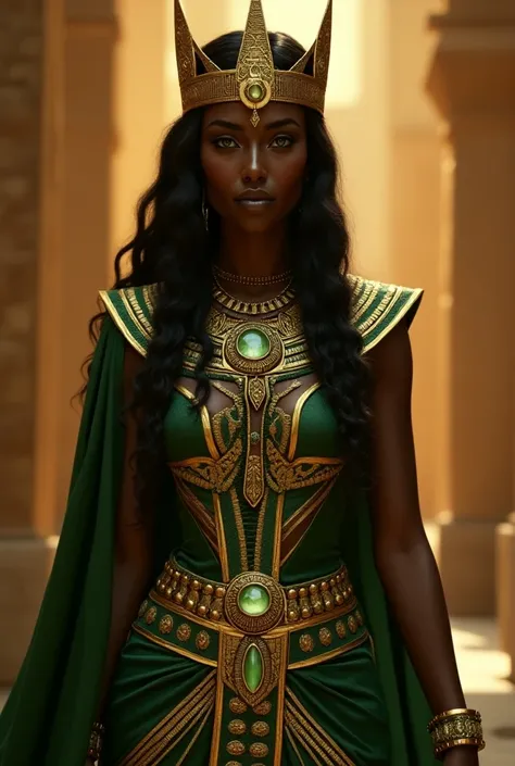 Make me a queen of Egypt with a gold and green outfit and a crown she has black skin and green eyes 