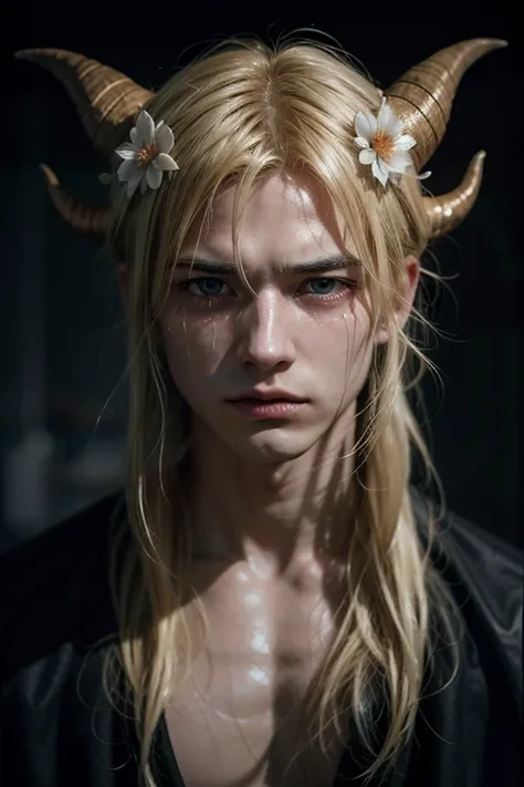 , Tears,  Hair flower, blonde hair,  high resolution, demon horns,blurred, Chiaroscuro, apocalypse, man, masculine, Alone, 