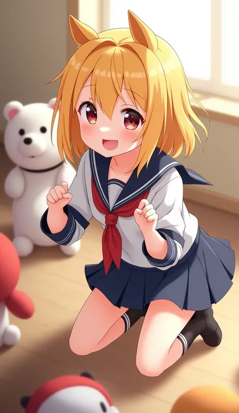 blond haired girl in sailor outfit sitting on the floor with stuffed animals, anime girl cosplay, shikamimi, cosplay, anime cosplay, ahegao, the anime girl is crouching, , sailor uniform, ayaka cosplay, cosplay photo, , sakimichan, junko enoshima from dang...