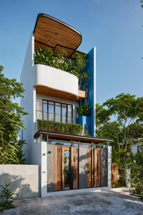 the house has 2 floors and 1 attic with a terrace. tall and narrow, modern design, steel gate and wooden details in harmonious c...