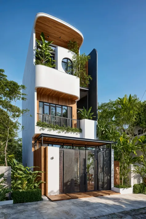 the house has 2 floors and 1 attic with a terrace. tall and narrow, modern design, steel gate and wooden details in harmonious c...