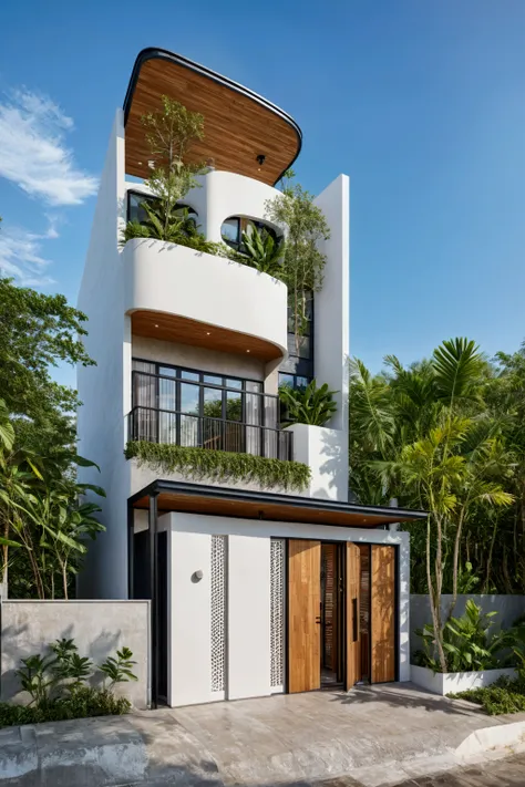 the house has 2 floors and 1 attic with a terrace. tall and narrow, modern design, steel gate and wooden details in harmonious c...