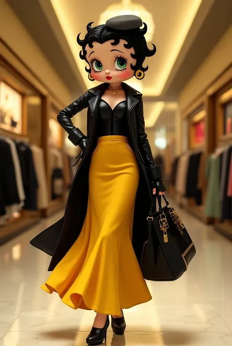  bettyboop wears yellow long skirt， Black Leather Coat，Brand Hats and Handbags ， at the department store 