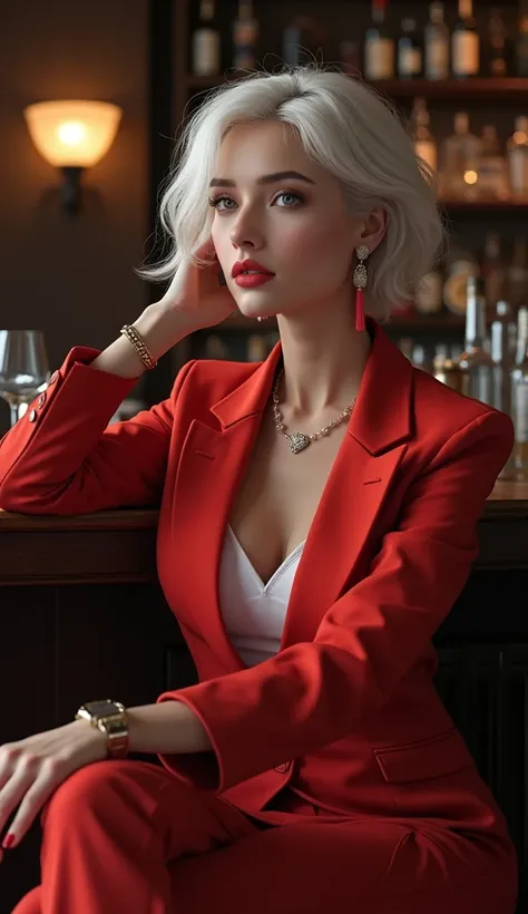 (photo of a beautiful brunette, Greek secretary), (20 years old),  (three-piece suit, jewelry, formal, earrings, suit, lips, magenta mens tie), (short white hair), (small breasts), ((hyperrealistic), ((watching a drink at a bar)), with a perfect hand, She ...