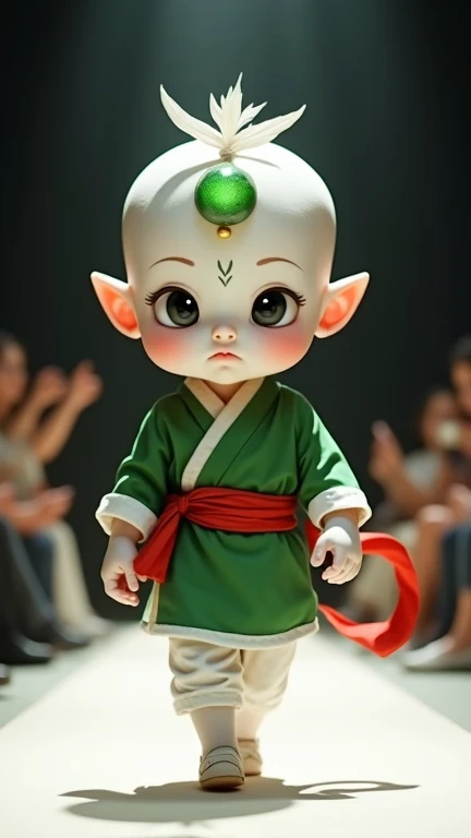 A small, cute baby representing Chaos, walking with light, floating steps down the fashion runway. He wears his classic fighter uniform, consisting of a green tunic with a red sash tied around the waist, as well as loose white pants and ballet flats. The b...