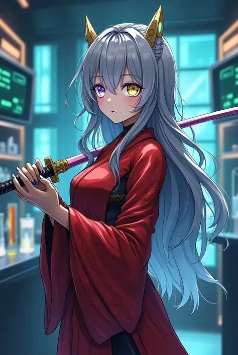  Here is the revised version of the prompt with the addition of heterochromia more prominently :

" Create an image of a futuristic Android girl in anime style,  holding a katana resting on her shoulder .  She wears an elegant kimono with a modern design ,...