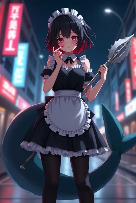 Black Hair, short hair, hair tips are red ,Maid uniform,Apathy,Unmotivated face,Red eyes,Black tights,Big shark tail , something like a sticker is attached to the tail,Beauty, maid headband ,Big Breasts,Ear piercing,Anime Style,Neon city at night, holding ...