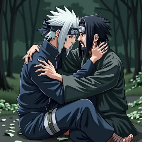 man with white hair and one black eye and Konoha bandana and mask covering one eye with dark blue blouse konoha and dark blue pants konoha hugging sitting in front deep scissors with legs with  man with hair black and konoha bandana and beard black with da...