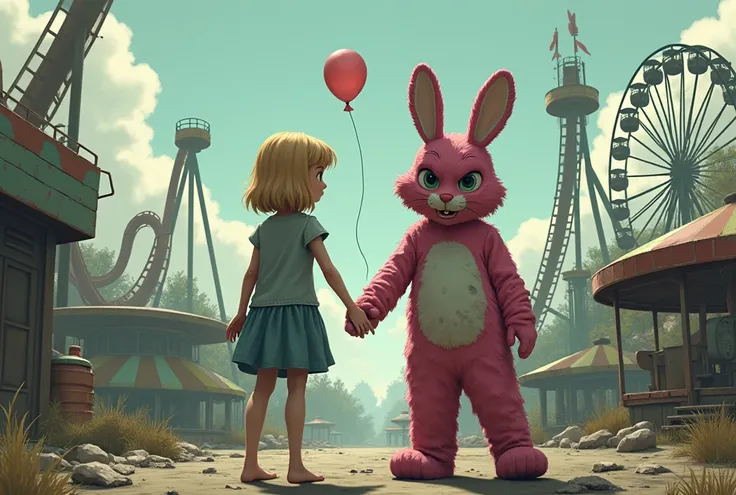 laughter, old, Torn, mascot costume pink rabbit with balloons and an despair face teen blonde girl with bare-foot are holding hands and looking at viewer in an very old, Desolate, Hurt, Broken Amusement Park  ( roller coaster, ferris wheel,  merry-go-round...