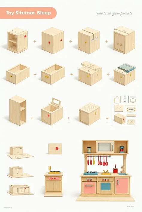 An image of a toy kitchen from a step by step how to make it and assemble it with measurements 