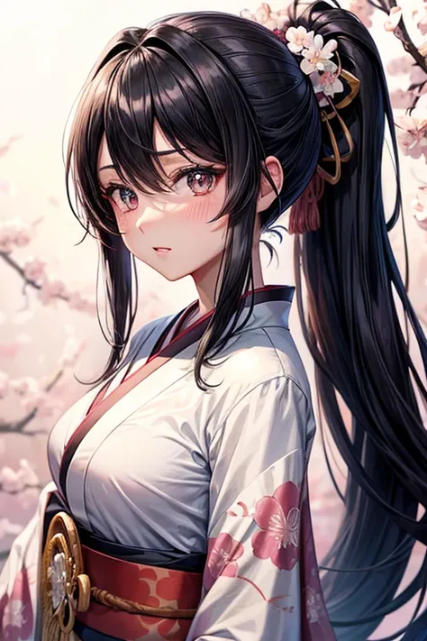 Anime style, high-schooler, Black Hair, Long Hair, Solo, High Resolution, Looking at viewer, Blush, black pupils,Breast size: e-cup, Ponytail, Masterpiece, Best Quality, white sakura-themed kimono,