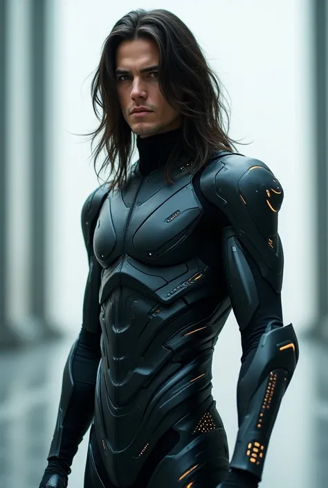 A costume for adult men with long hair that has robotic or futuristic motifs.