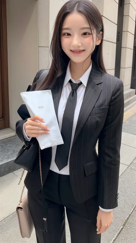 a woman in a black striped luxury suit　tie　smile