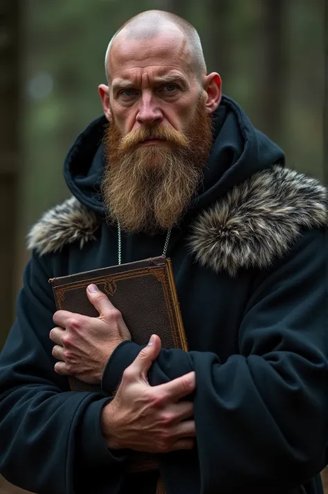 a strong man, blond, bald and bearded with a mysterious Viking style, hooded man holding a Bible