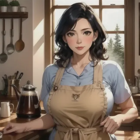 a woman in an apron holding a coffee pot, looking at the viewer with interest, detailed portrait, cinematic lighting, warm color...