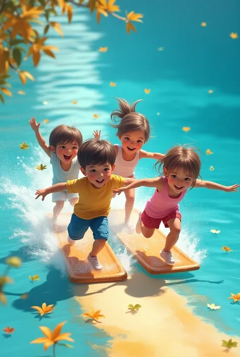 Make an image of two girls and two boys having fun sliding on a canvas with blue water