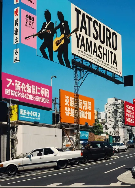 there is a picture of a man playing a guitar on a billboard, inspired by Yasushi Sugiyama, kastuhiro otomo, tatsuro yamashita, ((tatsuro yamashita)), by Oka Yasutomo, by Yasutomo Oka, by Yanagawa Nobusada, inspired by Yoshio Markino, yoshiku