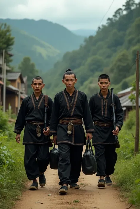 there are three young Hmong men wearing black Hmong clothes.  They each carry a bag and carry a gun when they leave the village