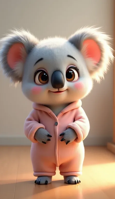 a cute baby female koala, extremely detailed eyes, extremely detailed nose, extremely detailed lips, extremely detailed face, long eyelashes, wearing a pastel colored pajama, adorable facial expression, Disney Pixar style, soft lighting, standing on hind l...