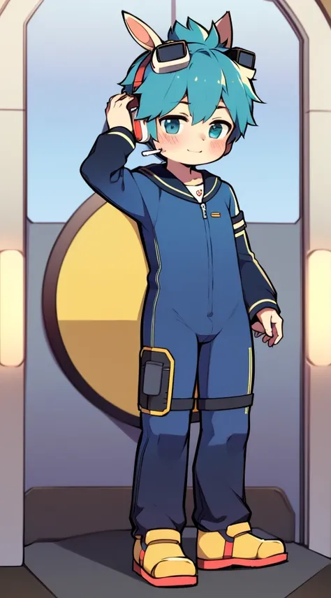 2D Boy Shota，One-piece mountaineering suit，Slim, healthy body，Put the headphones on your head，stand up，goggles，Rabbit ears，happy，sailor collar, shy, charming