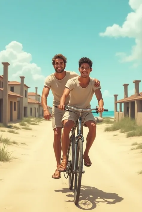 TWO handsome young men riding a single bicycle, one in the front and the other driving smiling in a place of sandy road, on one shore, some columns behind them, a couple of poor peoples houses and on the other side an abandoned place