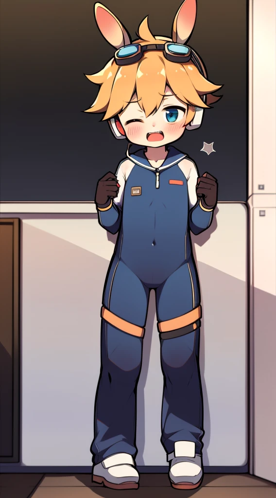 2D Boy Shota，One-piece mountaineering suit，Slim, healthy body，Put the headphones on your head，stand up，goggles，Rabbit ears，happy，sailor collar, shy, charming，moan