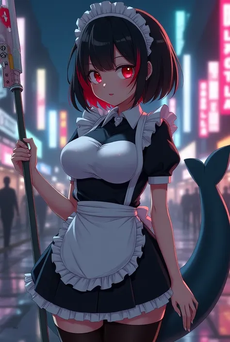 Black Hair, short hair, hair tips are red ,Maid uniform,Apathy,Unmotivated face,Red eyes,Black tights,Big shark tail , something like a sticker is attached to the tail,Beauty, maid headband ,Big Breasts,Ear piercing,Anime Style,Neon city at night, holding ...