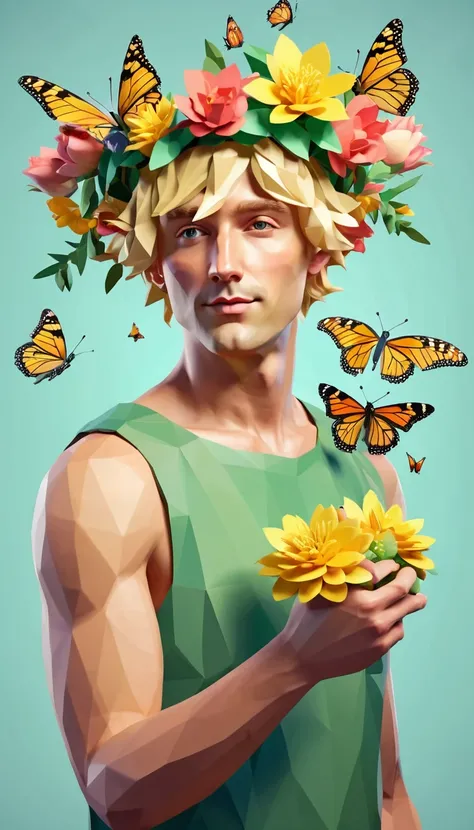 green, low poly, blonde man with a flower crown, holding a flower in hand, Butterflies fly 