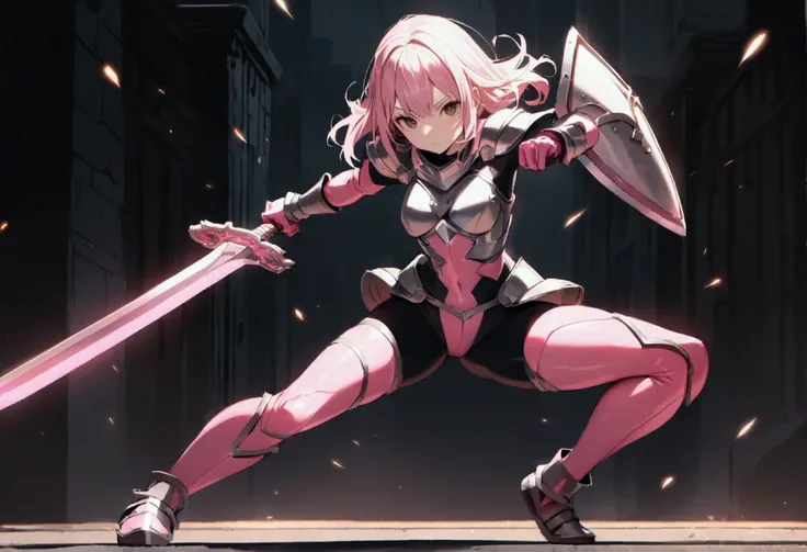 18 years old, pink medium length hair, brown eyes, in a full body leggings with armor, masterpiece, high quality, sword in right hand, shield in left hand, shoulders exposed, gloves, ready to fight pose, 4k, glow effect, crazy glow effect, cinematic atmosp...