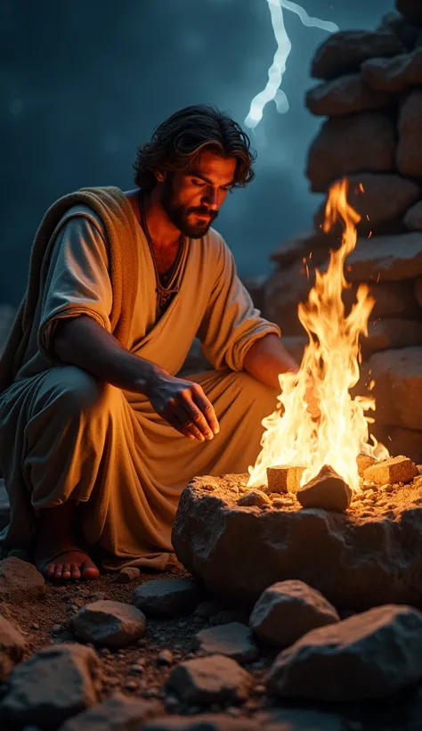 A powerful and sacred scene depicting David constructing an altar to the Lord. He is shown in the act of building, with stones and wood gathered around him. Flames rise from the altar, illuminating the night sky and creating a warm glow. David’s expression...