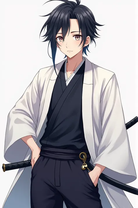  Musashi is a handsome young man ,  with fine and crisp features ,  thin eyes with light irises , long hair, mostly dark ,  with a single long white fringe that falls on the right side of his face and a single chain of waxing moon hanging from your left ea...