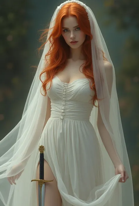 Copper-haired woman wearing white dress and white veil with a dagger on her leg