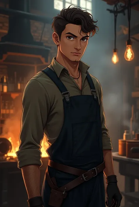 a man with brunette wavy hair, hazel eyes, white skin tone, 180 cm of high anime, have a scars on his eyebrow, he is in london 1945 anime he is an blacksmith