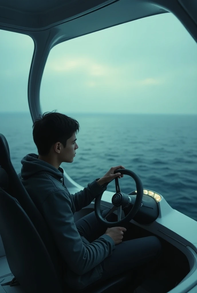 serious lonely young man sitting driving his car with futuristic steering wheel with roof and no wheels and with futuristic and technological flying design, looking at panoramic view of ocean with fog and sky with mist and with the internal camera of the c...